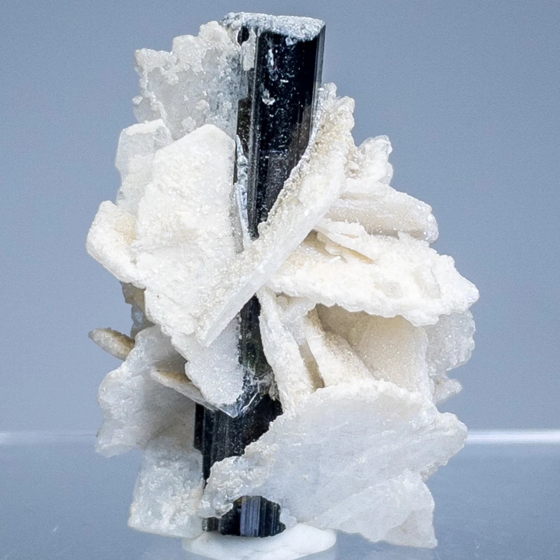 A cluster of white and black crystals on a table in color