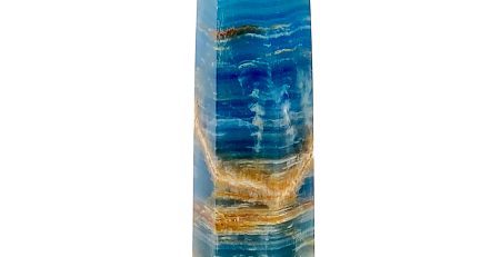 A blue and brown agate pillar on a white background.