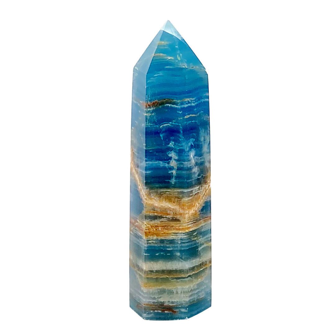 A blue and brown agate pillar on a white background.