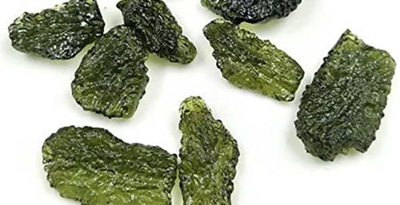 A group of green pieces of seaweed on a white surface.