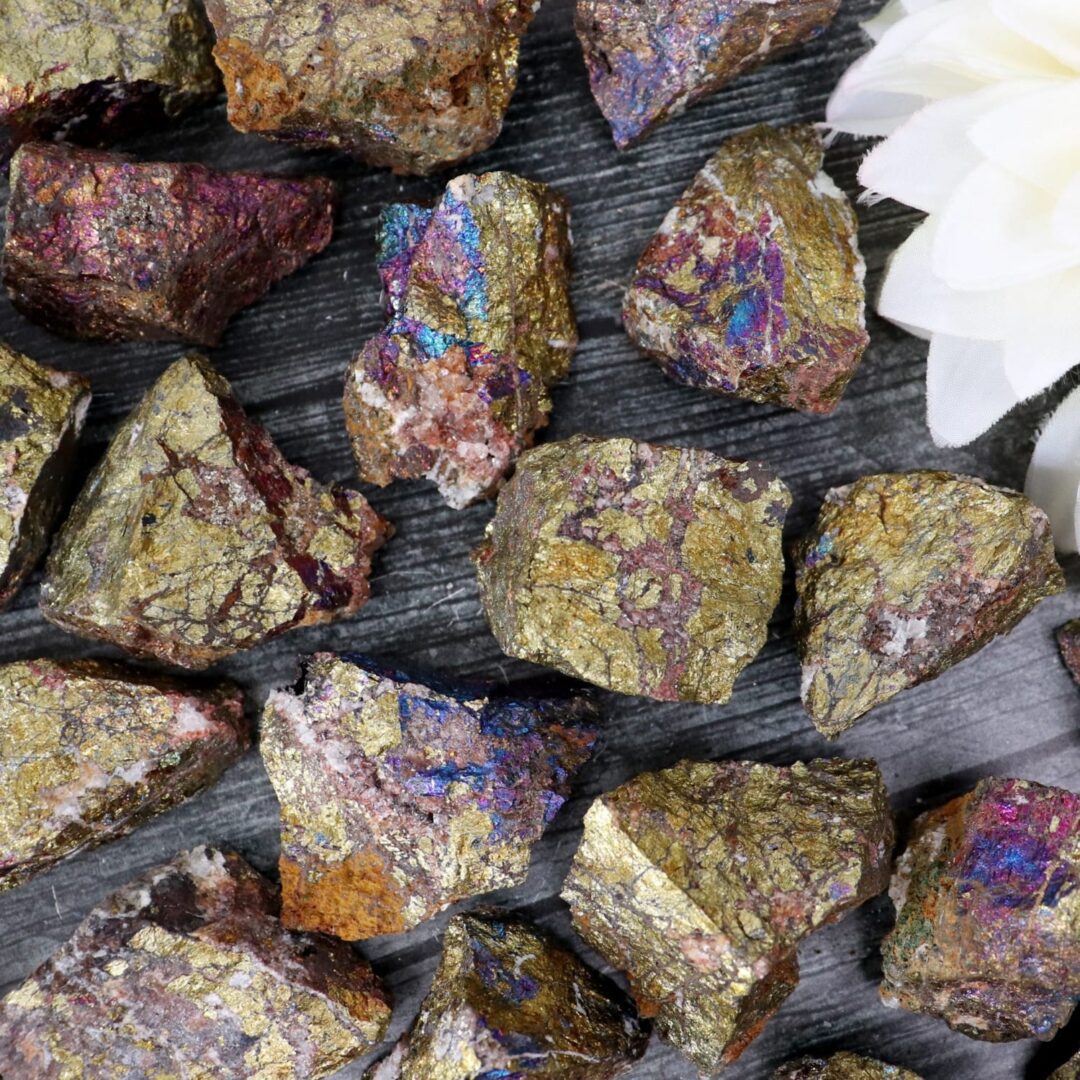 A pile of colorful rocks with a flower in the middle.