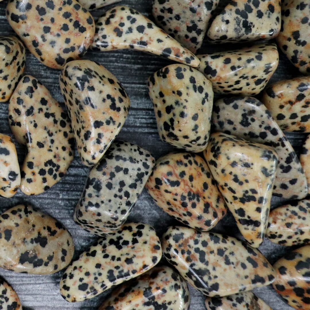 A pile of black and white spotted stones on a wooden surface.