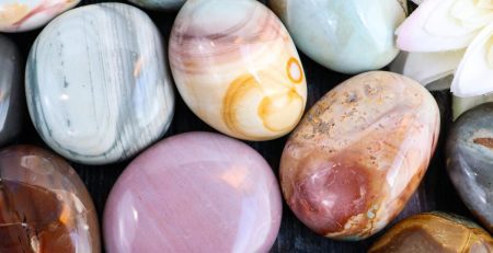 A group of stones with a flower in the middle.