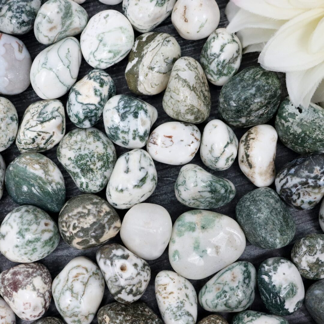 Green and white marbled pebbles with a flower.