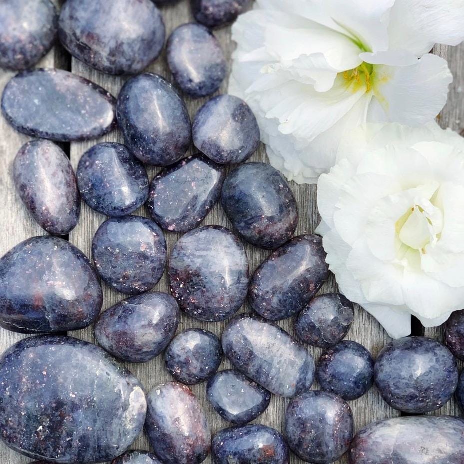 A group of stones and flowers on a wooden surface.