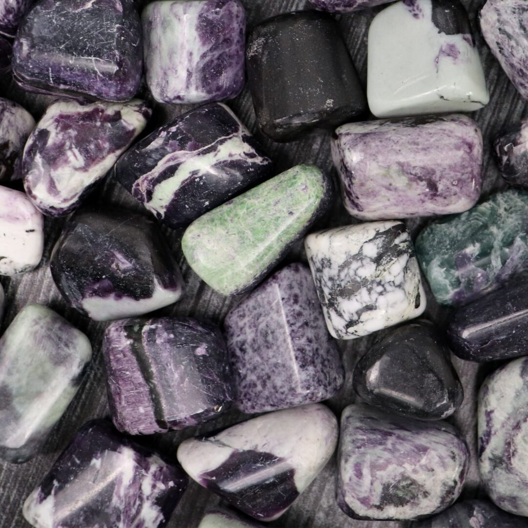 A pile of purple and green stones.