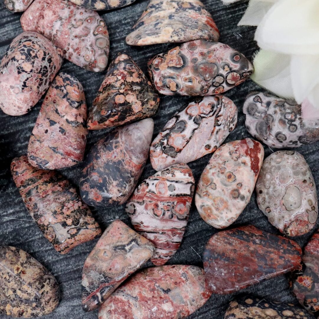 A pile of red and brown stones with a flower in the middle.