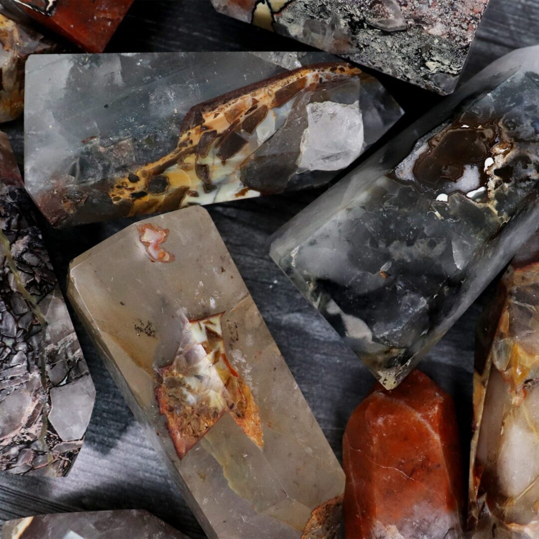 A group of rocks and minerals on a table.