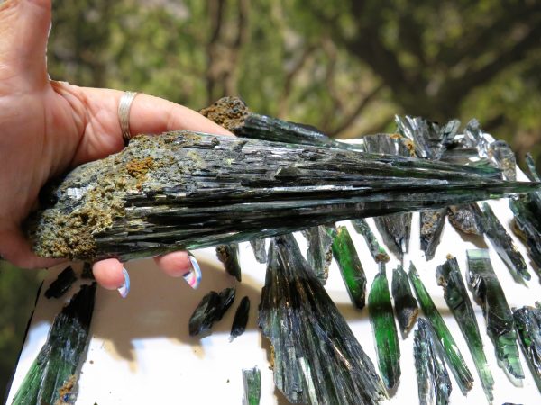 Green and black crystal cluster in hand.