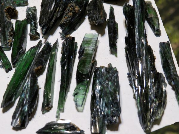 Green and black mineral crystal specimens.
