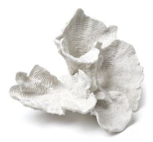 A white ceramic sculpture on a white surface.