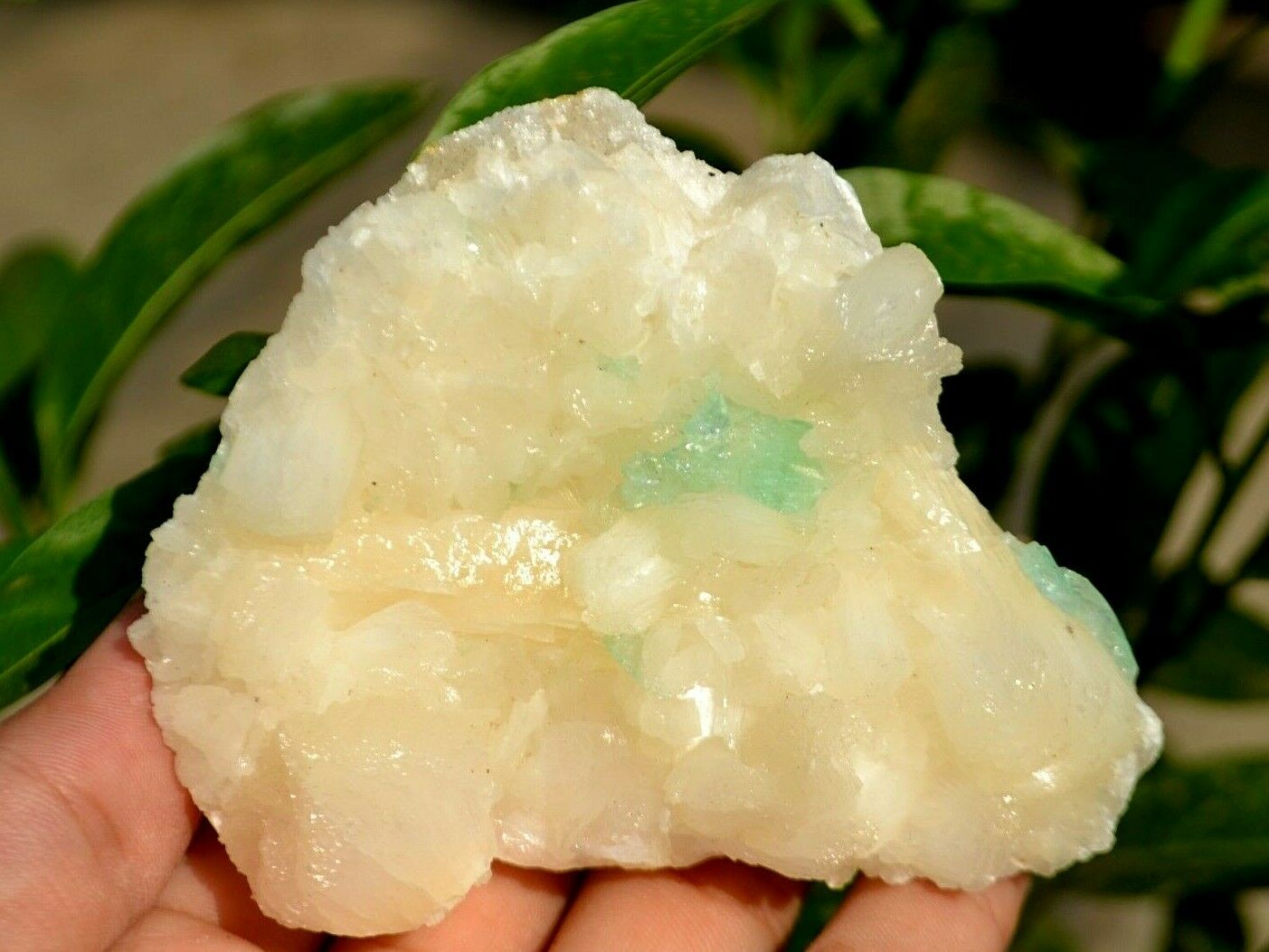 A person holding a piece of white and green quartz.