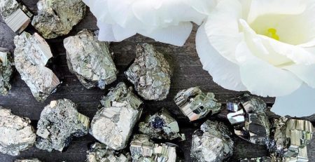 A pile of rocks and flowers on a wooden table.