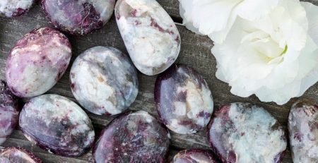 A group of purple and white stones with a white flower.