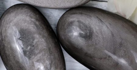 A group of gray stones next to a flower.