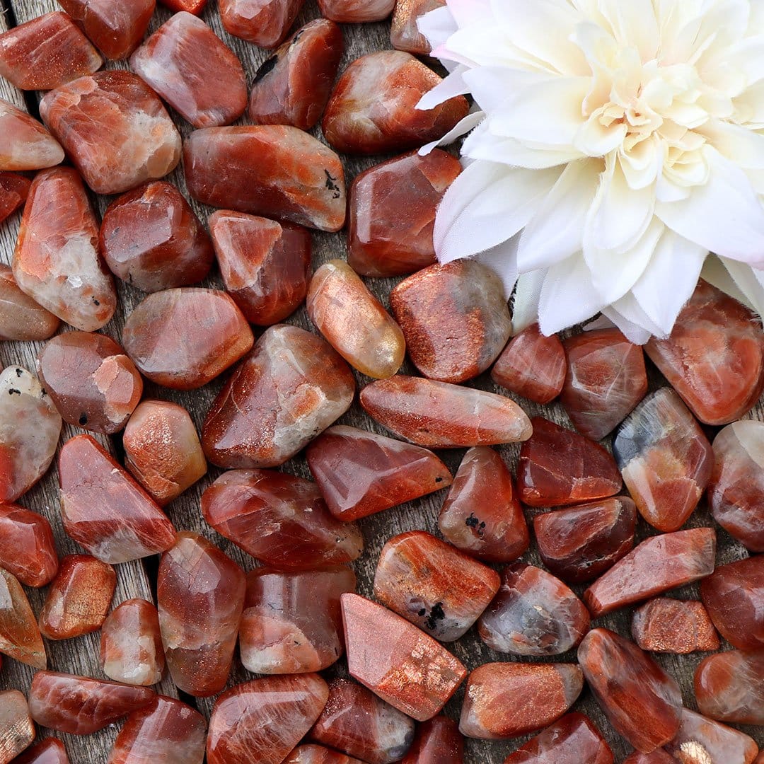 A pile of red and brown stones with a flower in the middle.