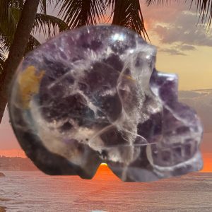 Amethyst crystal skull at sunset.