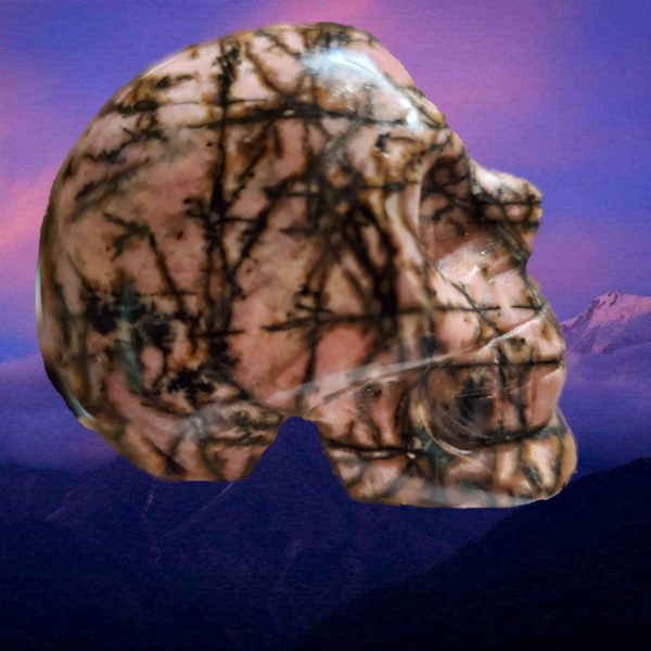 Pink and black patterned skull carving.