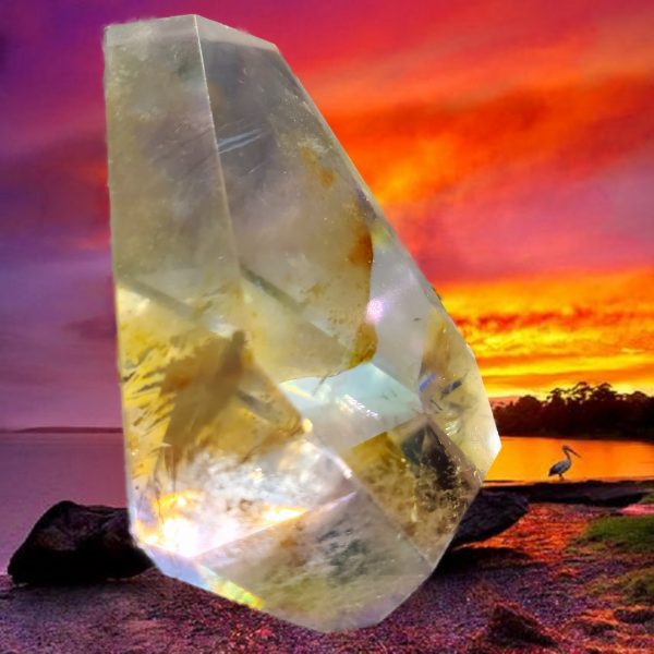 Clear crystal with inclusions at sunset.