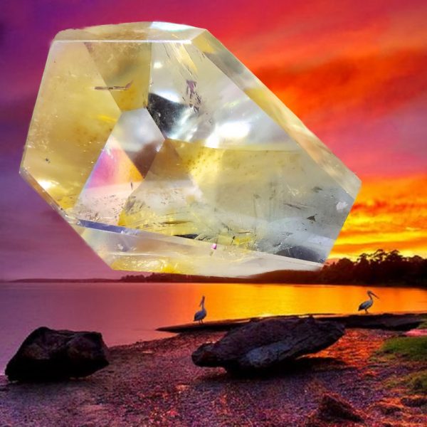 Clear crystal over sunset landscape.