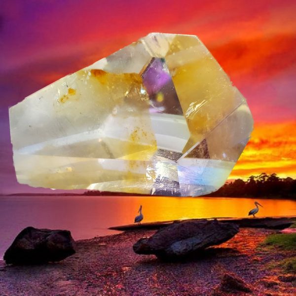 Clear crystal against a sunset background.