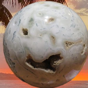 A white sphere with a palm tree in the background.