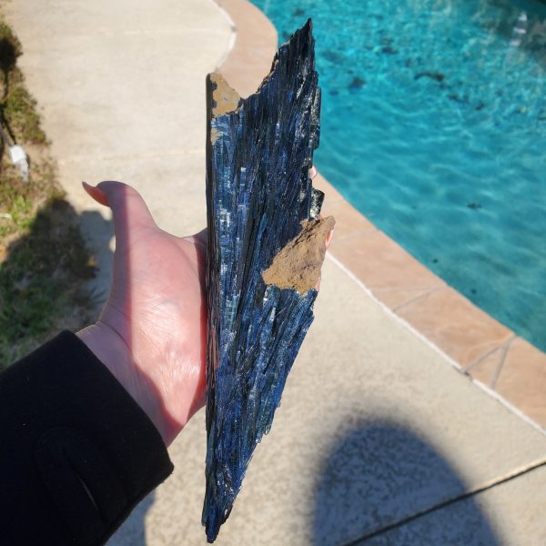 Hand holding a blue kyanite crystal.