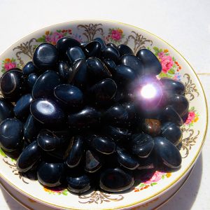 Black gemstones in a floral dish.