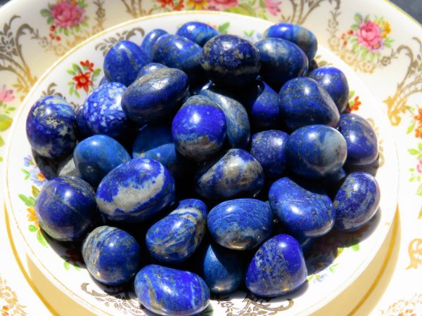 Blue lapis lazuli tumbled stones in bowl.