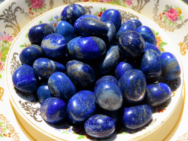 Blue Lapis Lazuli stones on a plate.