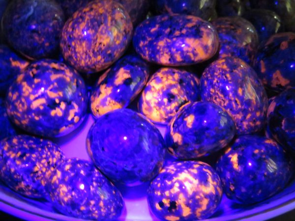Close up of blue and orange stones.