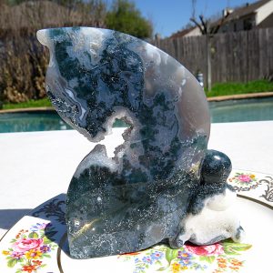 An Amazing Blue and Green Druzy Moss Agate Fairy Carving