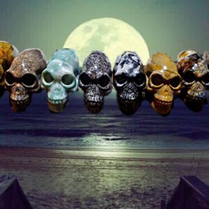 Seven colorful gemstone skulls on beach.