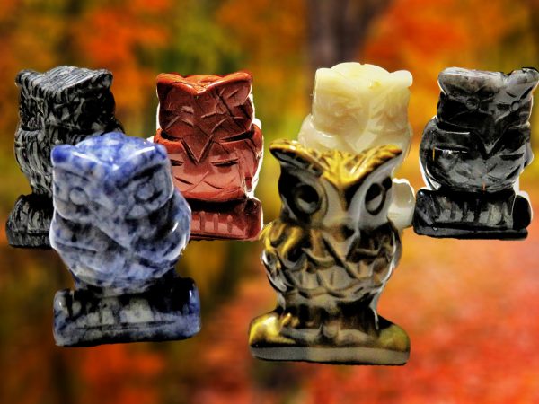 Five colorful carved owl figurines.