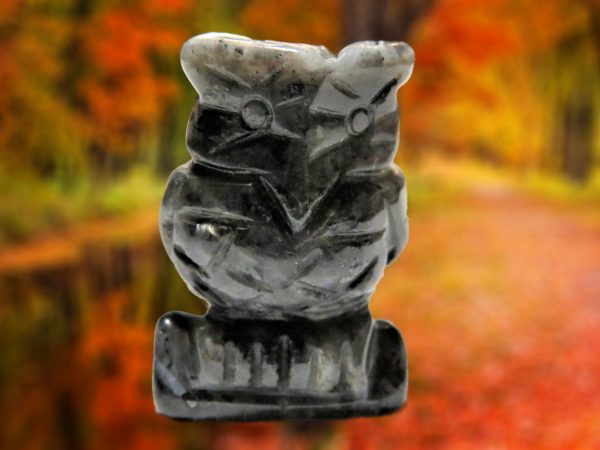 Carved owl figurine on autumn background.