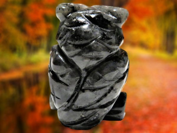 Black obsidian owl carving on a blurred background.