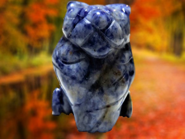 Blue stone owl carving against fall foliage.