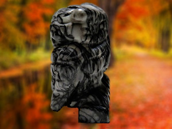 Carved stone owl figurine in autumn colors.