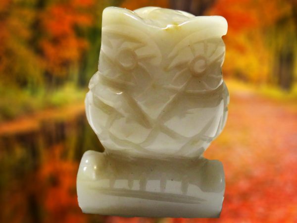 White carved owl figurine on autumn leaves.
