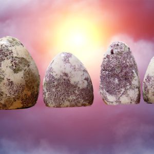 Four white and purple crystal stones.