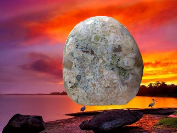 White agate stone against a sunset.