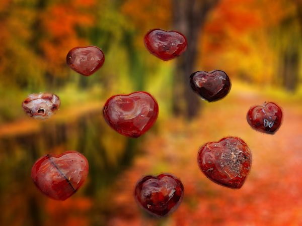 Red heart-shaped stones against fall foliage.