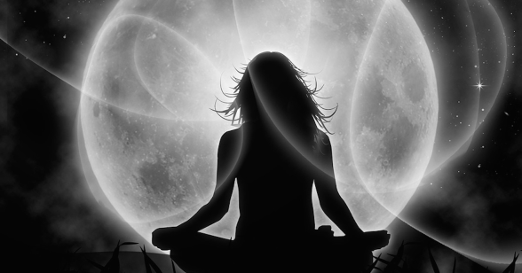 A black and white image of a woman sitting in a lotus position in front of a full moon.