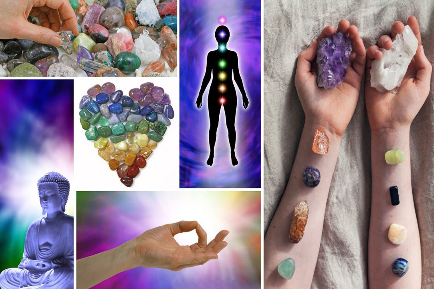 A collage of pictures showing different types of crystals and stones.